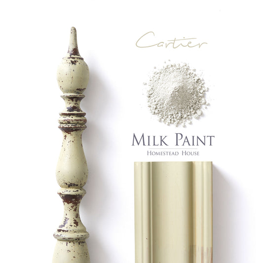Milk Paint from Homestead House in Cartier, A light sage green with a slight hint of a muted mustard yellow. | homesteadhouse.ca