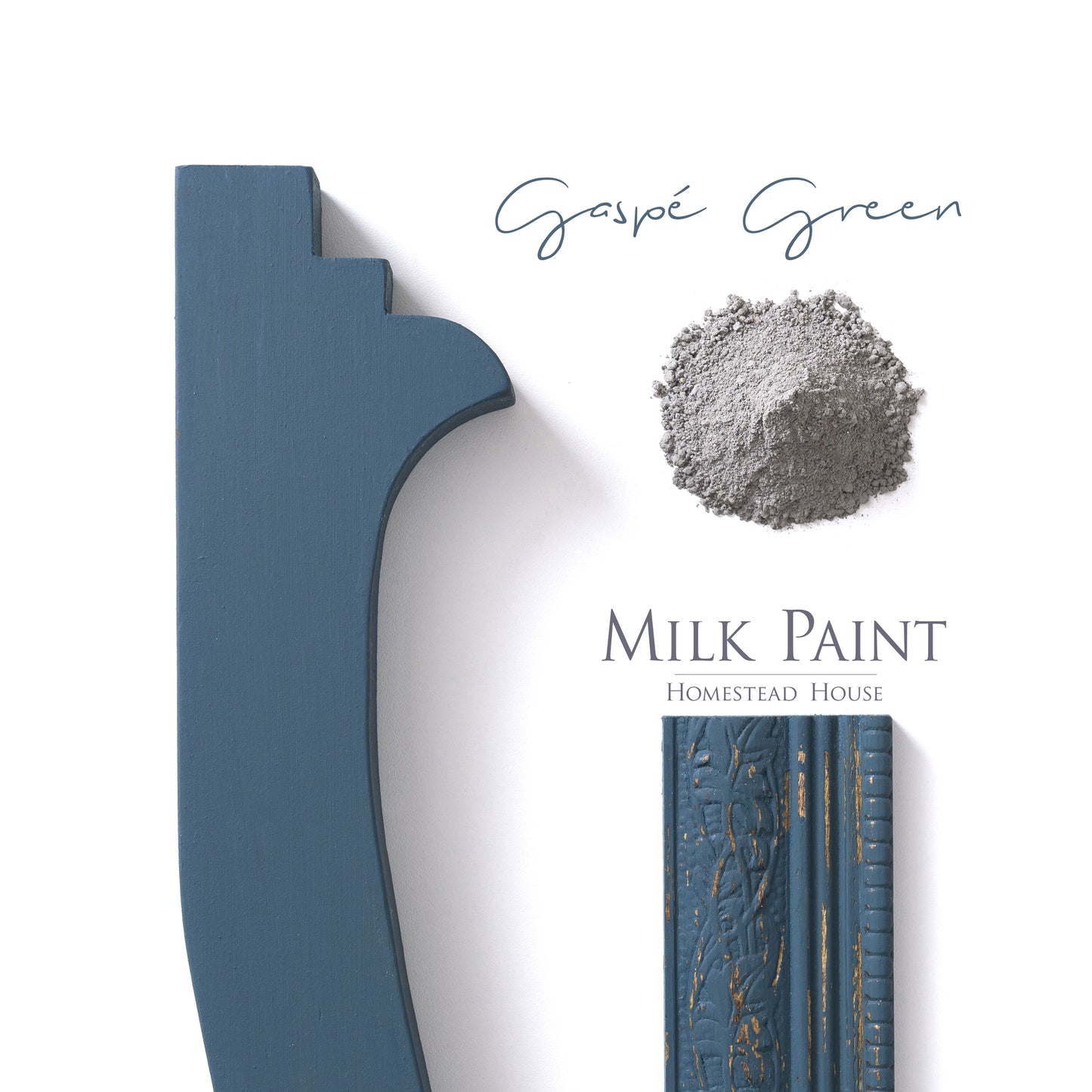 Milk Paint from Homestead House in Gaspe Green, a dark green with a blue tone and a hint of grey.  |  homesteadhouse.ca