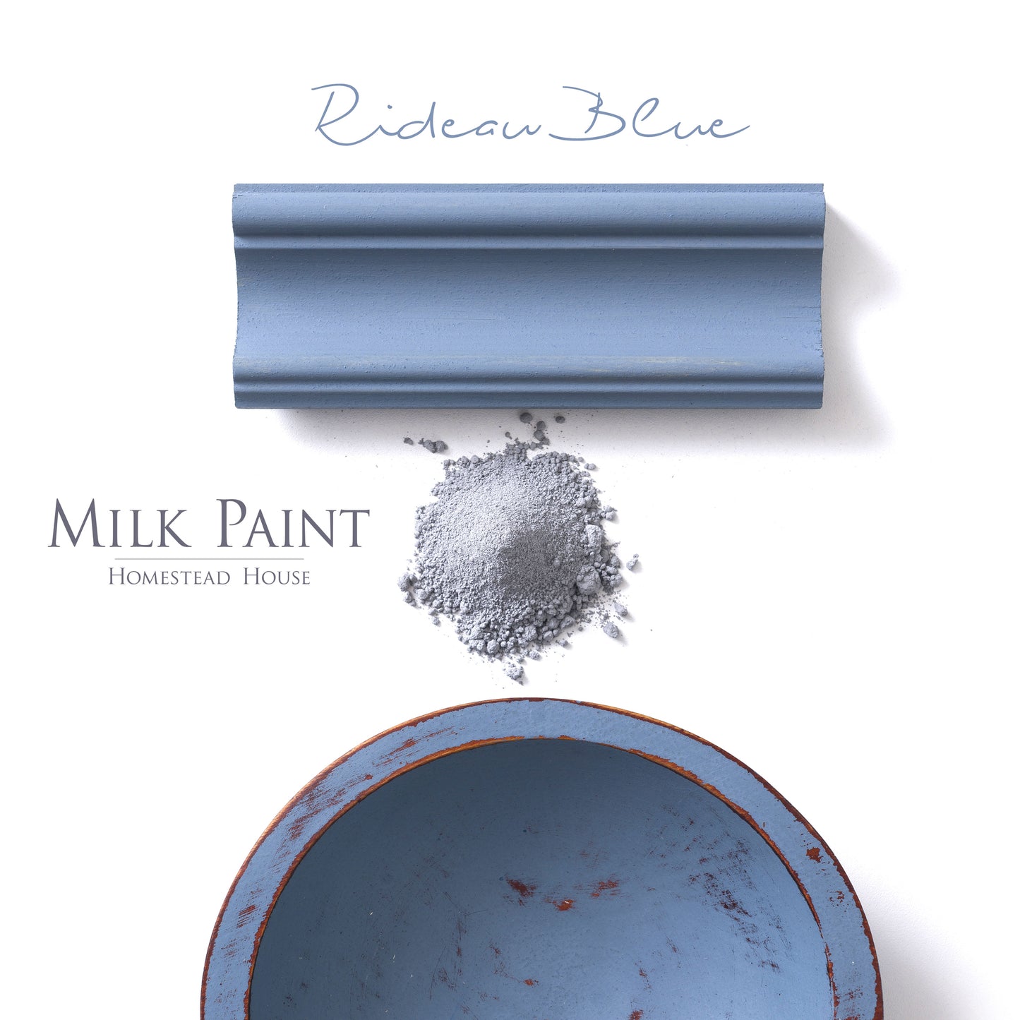 Milk Paint from Homestead House in Rideau Blue, a midtone blue with hint of warm grey.  |  homesteadhouse.ca