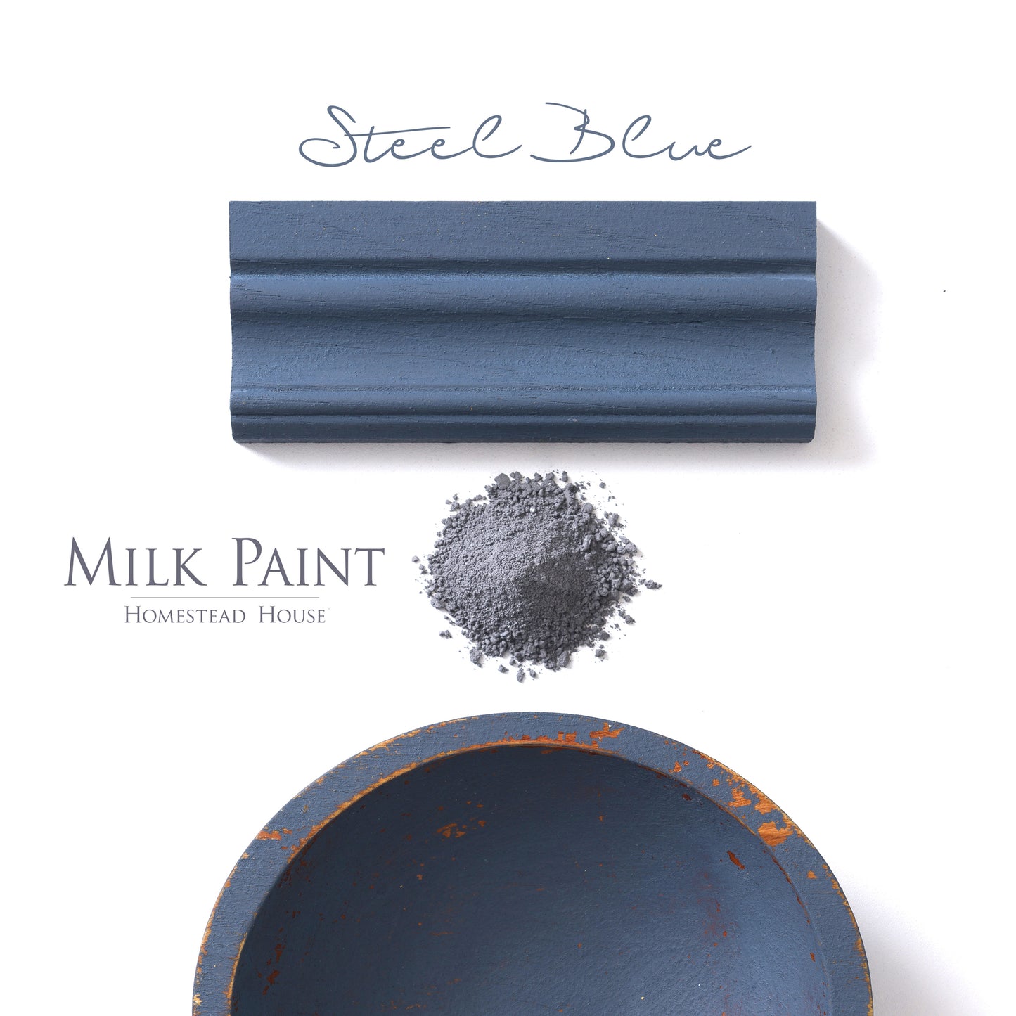 Milk Paint from Homestead House in Steel Blue, deep rich muted blue with a grey undertone.  |  homesteadhouse.ca
