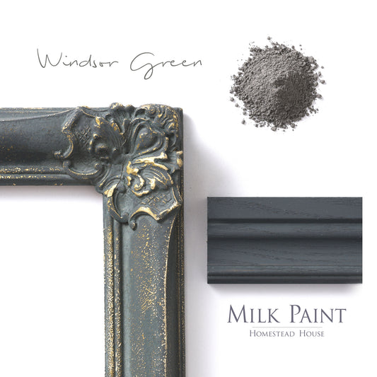Milk Paint from Homestead House in Windsor Green -This deep green has grey undertones. | homesteadhouse.ca